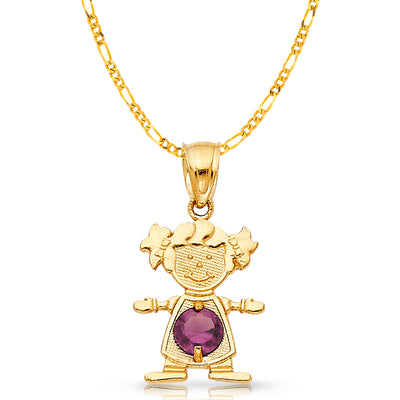 14K Gold June Birthstone CZ Girl Charm Pendant with 2mm Figaro 3+1 Chain Necklace