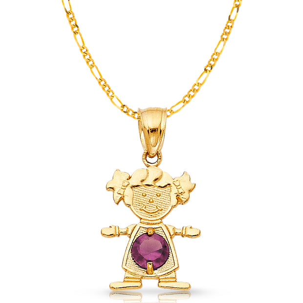 14K Gold June Birthstone CZ Girl Charm Pendant with 2mm Figaro 3+1 Chain Necklace