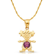 14K Gold June Birthstone CZ Girl Charm Pendant with 0.9mm Singapore Chain Necklace