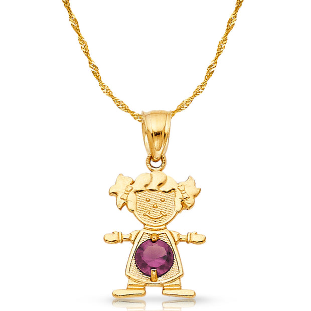 14K Gold June Birthstone CZ Girl Charm Pendant with 0.9mm Singapore Chain Necklace