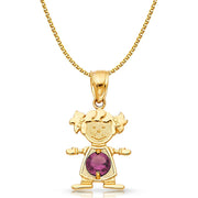 14K Gold Birthstone CZ Girl Charm Pendant with 1.2mm Flat Open Wheat Chain Necklace