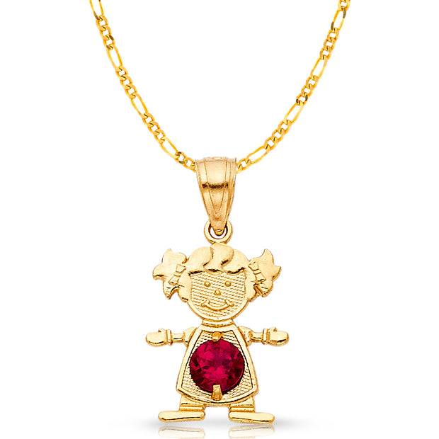 14K Gold July Birthstone CZ Girl Charm Pendant with 2mm Figaro 3+1 Chain Necklace