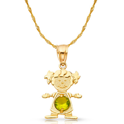 14K Gold August Birthstone CZ Girl Charm Pendant with 0.9mm Singapore Chain Necklace