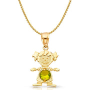 14K Gold Birthstone CZ Girl Charm Pendant with 1.2mm Flat Open Wheat Chain Necklace