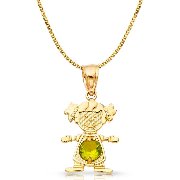 14K Gold Birthstone CZ Girl Charm Pendant with 1.2mm Flat Open Wheat Chain Necklace