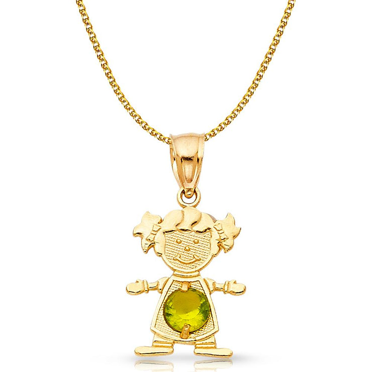 14K Gold Birthstone CZ Girl Charm Pendant with 1.2mm Flat Open Wheat Chain Necklace