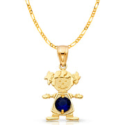 14K Gold September Birthstone CZ Girl Charm Pendant with 2mm Figaro 3+1 Chain Necklace