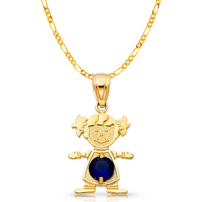 14K Gold September Birthstone CZ Girl Charm Pendant with 2mm Figaro 3+1 Chain Necklace