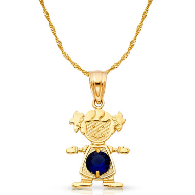 14K Gold September Birthstone CZ Girl Charm Pendant with 0.9mm Singapore Chain Necklace