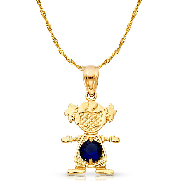 14K Gold September Birthstone CZ Girl Charm Pendant with 0.9mm Singapore Chain Necklace