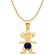 14K Gold Birthstone CZ Girl Charm Pendant with 1.2mm Flat Open Wheat Chain Necklace