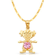 14K Gold October Birthstone CZ Girl Charm Pendant with 2mm Figaro 3+1 Chain Necklace