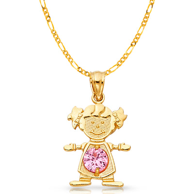 14K Gold October Birthstone CZ Girl Charm Pendant with 2mm Figaro 3+1 Chain Necklace