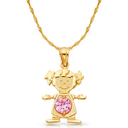 14K Gold October Birthstone CZ Girl Charm Pendant with 0.9mm Singapore Chain Necklace