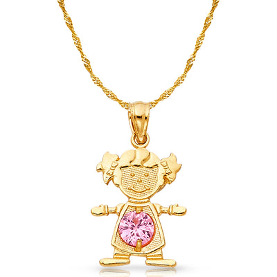 14K Gold October Birthstone CZ Girl Charm Pendant with 0.9mm Singapore Chain Necklace
