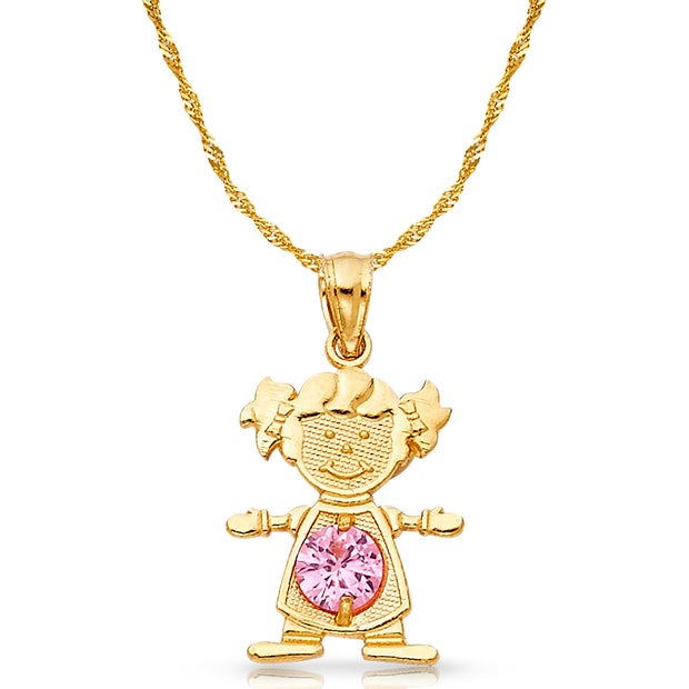 14K Gold October Birthstone CZ Girl Charm Pendant with 0.9mm Singapore Chain Necklace