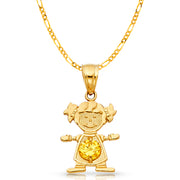 14K Gold November Birthstone CZ Girl Charm Pendant with 2mm Figaro 3+1 Chain Necklace