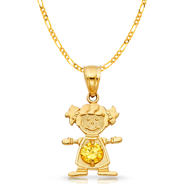 14K Gold November Birthstone CZ Girl Charm Pendant with 2mm Figaro 3+1 Chain Necklace