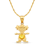 14K Gold November Birthstone CZ Girl Charm Pendant with 0.9mm Singapore Chain Necklace