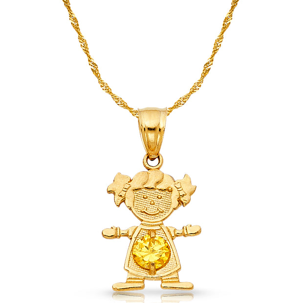 14K Gold November Birthstone CZ Girl Charm Pendant with 0.9mm Singapore Chain Necklace