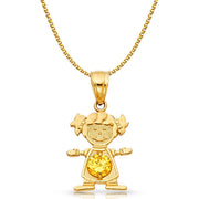 14K Gold Birthstone CZ Girl Charm Pendant with 1.2mm Flat Open Wheat Chain Necklace