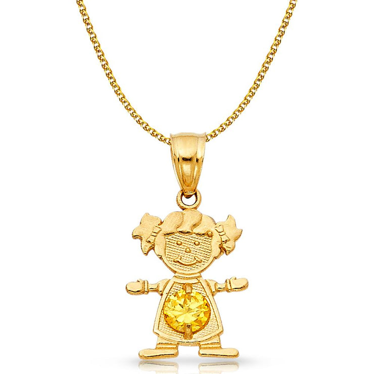 14K Gold Birthstone CZ Girl Charm Pendant with 1.2mm Flat Open Wheat Chain Necklace