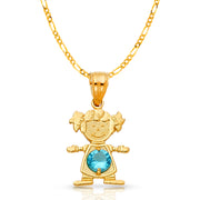 14K Gold Birthstone CZ Girl Charm Pendant with 2mm Figaro 3+1 Chain Necklace