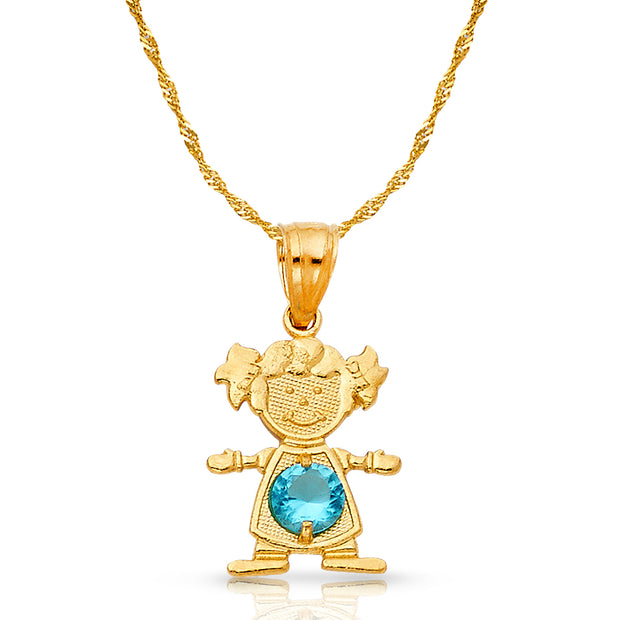 14K Gold Birthstone CZ Girl Charm Pendant with 0.9mm Singapore Chain Necklace