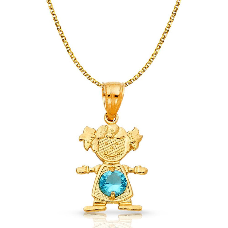 14K Gold Birthstone CZ Girl Charm Pendant with 1.2mm Flat Open Wheat Chain Necklace