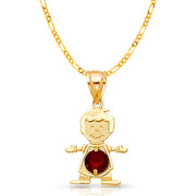 14K Gold January Birthstone CZ Boy Charm Pendant with 2mm Figaro 3+1 Chain Necklace