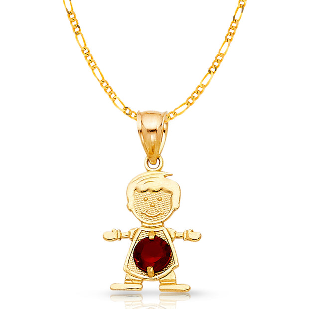 14K Gold January Birthstone CZ Boy Charm Pendant with 2mm Figaro 3+1 Chain Necklace