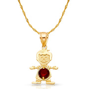 14K Gold January Birthstone CZ Boy Charm Pendant with 0.9mm Singapore Chain Necklace