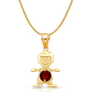 14K Gold January Birthstone CZ Boy Charm Pendant with 1.2mm Flat Open Wheat Chain Necklace