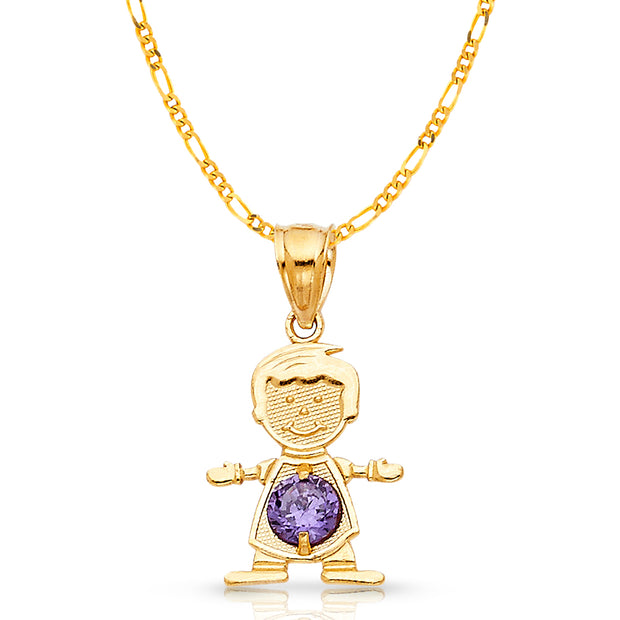 14K Gold February Birthstone CZ Boy Charm Pendant with 2mm Figaro 3+1 Chain Necklace