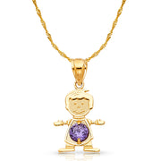 14K Gold February Birthstone CZ Boy Charm Pendant with 0.9mm Singapore Chain Necklace