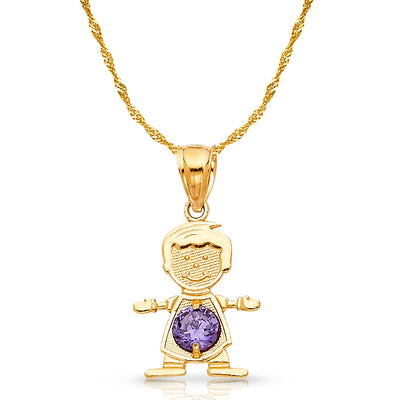 14K Gold February Birthstone CZ Boy Charm Pendant with 0.9mm Singapore Chain Necklace