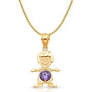 14K Gold February Birthstone CZ Boy Charm Pendant with 1.2mm Flat Open Wheat Chain Necklace
