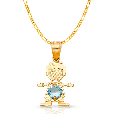 14K Gold March Birthstone CZ Boy Charm Pendant with 2mm Figaro 3+1 Chain Necklace