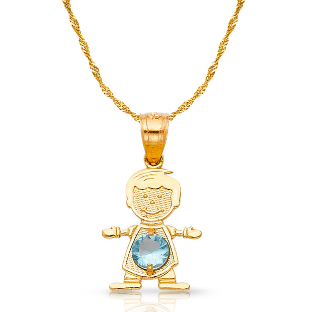 14K Gold March Birthstone CZ Boy Charm Pendant with 0.9mm Singapore Chain Necklace