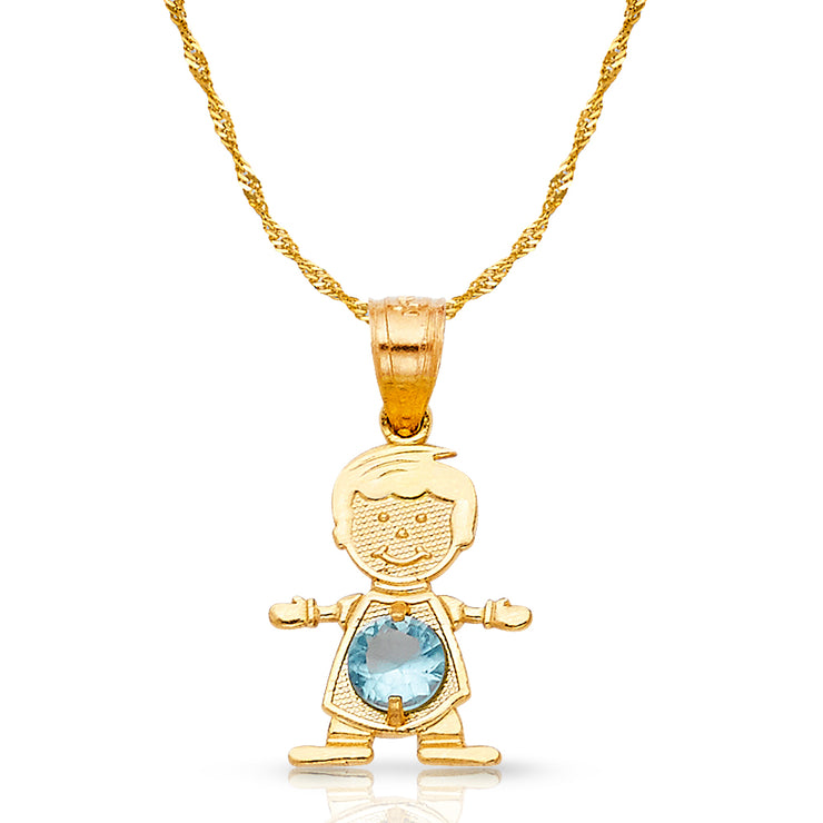 14K Gold March Birthstone CZ Boy Charm Pendant with 0.9mm Singapore Chain Necklace
