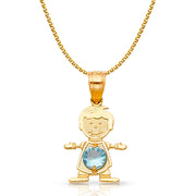 14K Gold March Birthstone CZ Boy Charm Pendant with 1.2mm Flat Open Wheat Chain Necklace