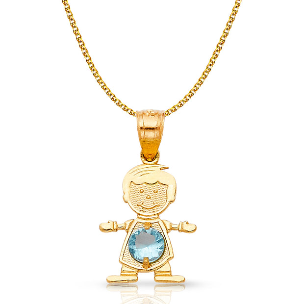 14K Gold March Birthstone CZ Boy Charm Pendant with 1.2mm Flat Open Wheat Chain Necklace