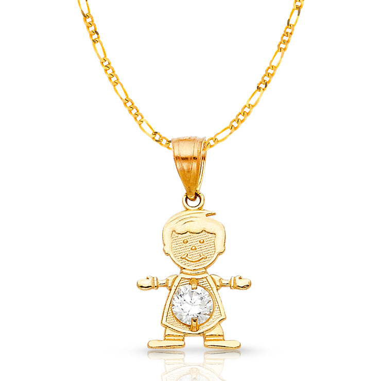 14K Gold April Birthstone CZ Boy Charm Pendant with 2mm Figaro 3+1 Chain Necklace