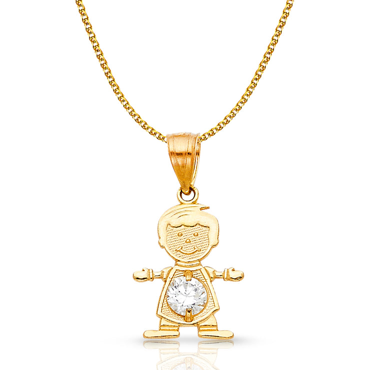 14K Gold April Birthstone CZ Boy Charm Pendant with 1.2mm Flat Open Wheat Chain Necklace