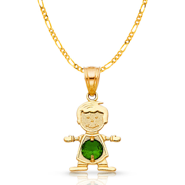 14K Gold May Birthstone CZ Boy Charm Pendant with 2mm Figaro 3+1 Chain Necklace