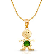 14K Gold May Birthstone CZ Boy Charm Pendant with 0.9mm Singapore Chain Necklace