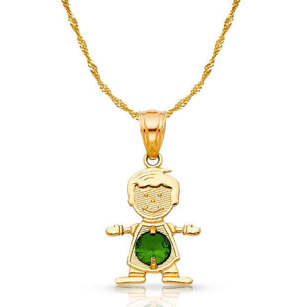 14K Gold May Birthstone CZ Boy Charm Pendant with 0.9mm Singapore Chain Necklace