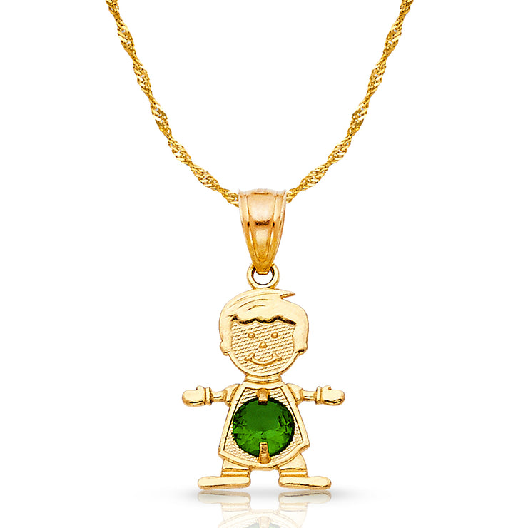 14K Gold May Birthstone CZ Boy Charm Pendant with 0.9mm Singapore Chain Necklace