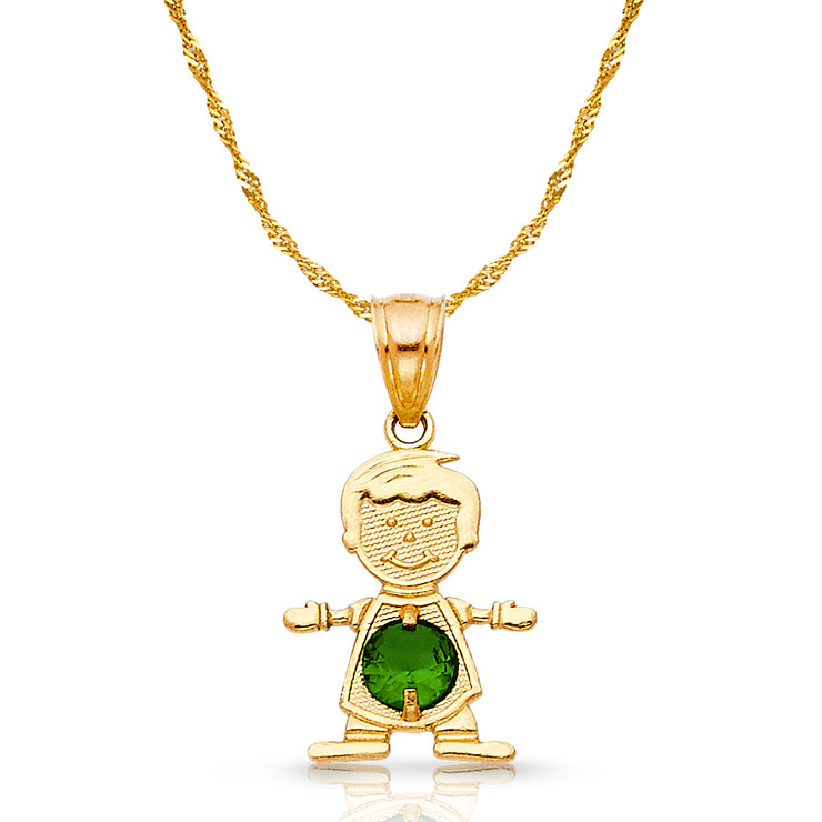 14K Gold May Birthstone CZ Boy Charm Pendant with 0.9mm Singapore Chain Necklace