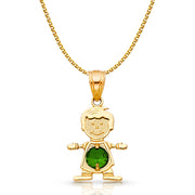 14K Gold May Birthstone CZ Boy Charm Pendant with 1.2mm Flat Open Wheat Chain Necklace